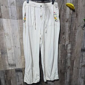 Style Me Cream Floral Embroidered Linen Blend Pants